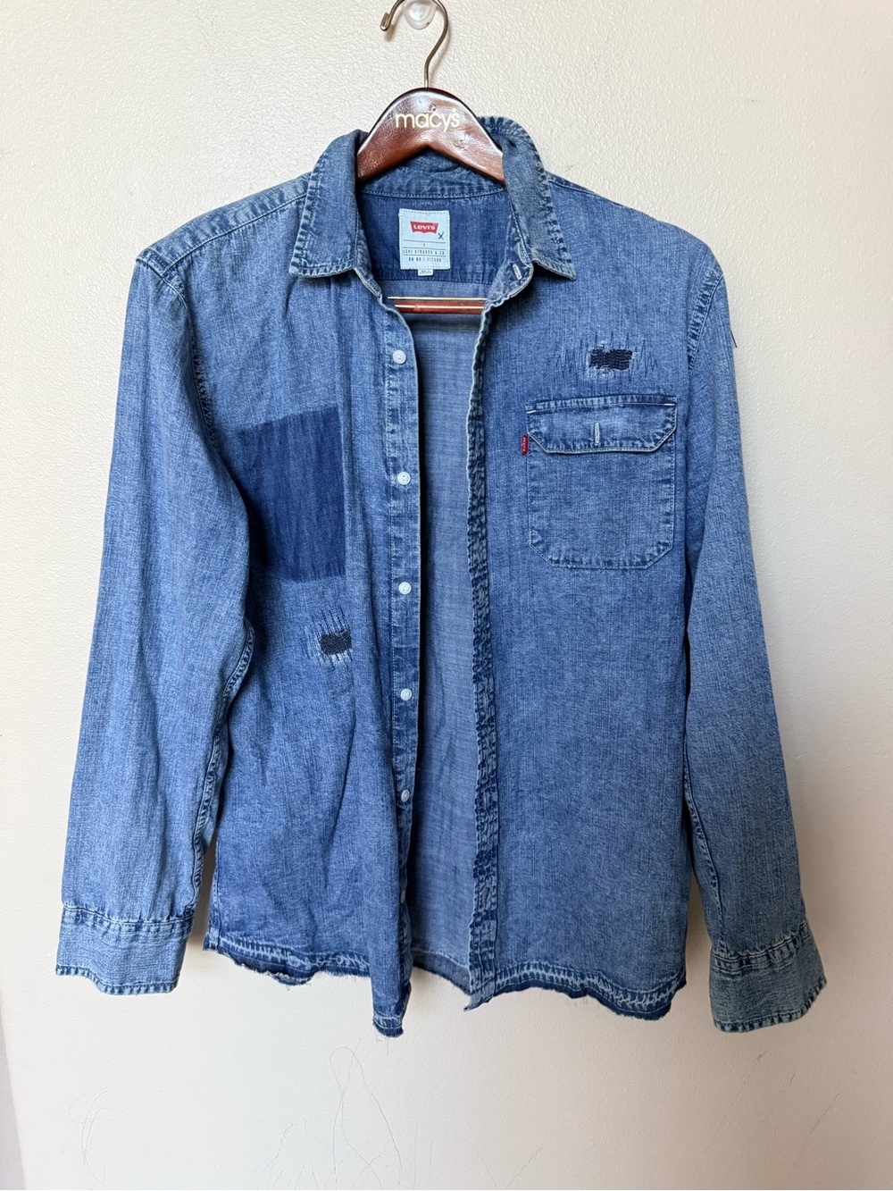 Levis Denim vintage Shirt Mens Patchwork Distressed Raw Hem Blue Workwear size L